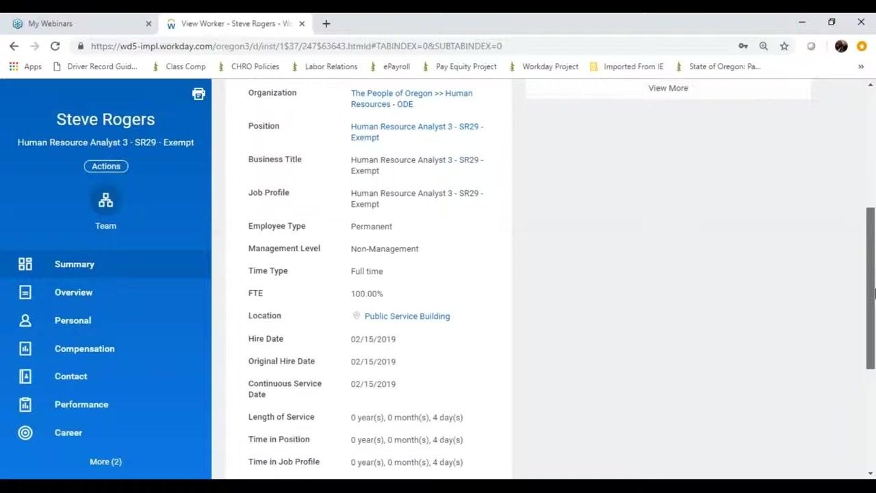 Job Details section highlighting business title, job profile, position, organization, and employment dates