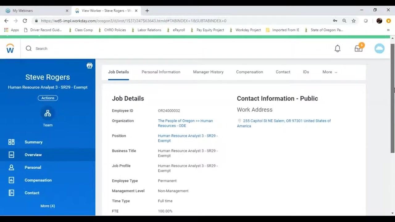 Overview page with tabs for Job Details, Personal Information, Manager History, Compensation, Contact, and IDs