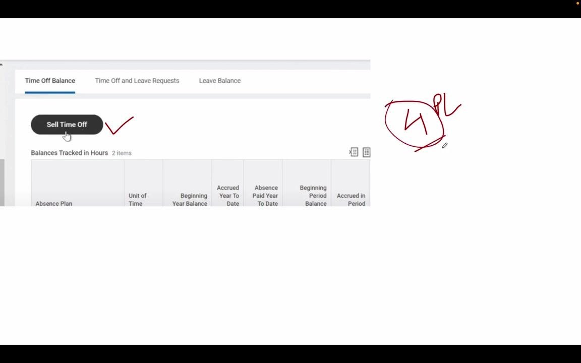 Time Off Balance screen with the "Sell Time Off" button highlighted and "4 PL" noted as the amount available to sell