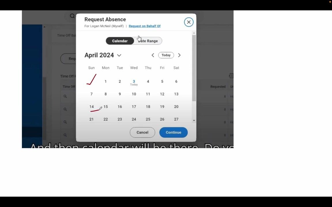 Request Absence dialog with the calendar open, showing April 2024 and April 14 selected as the leave start date