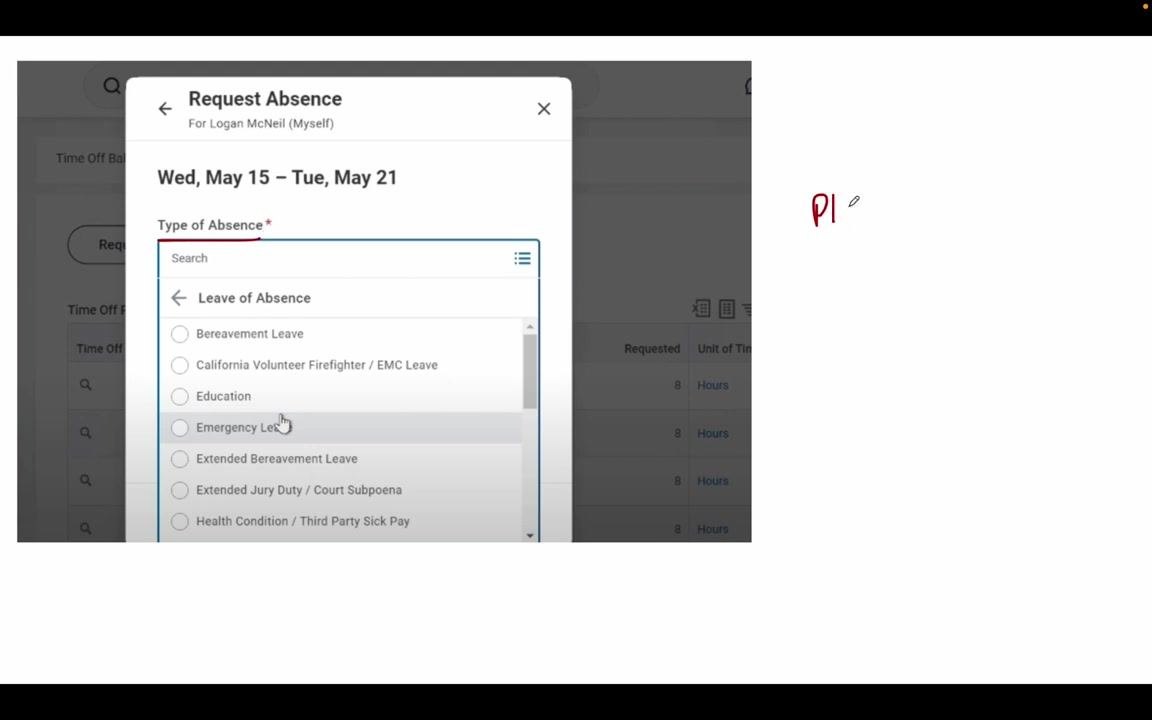 Request Absence dialog with the "Type of Absence" dropdown open, showing options including Education and Emergency Leave