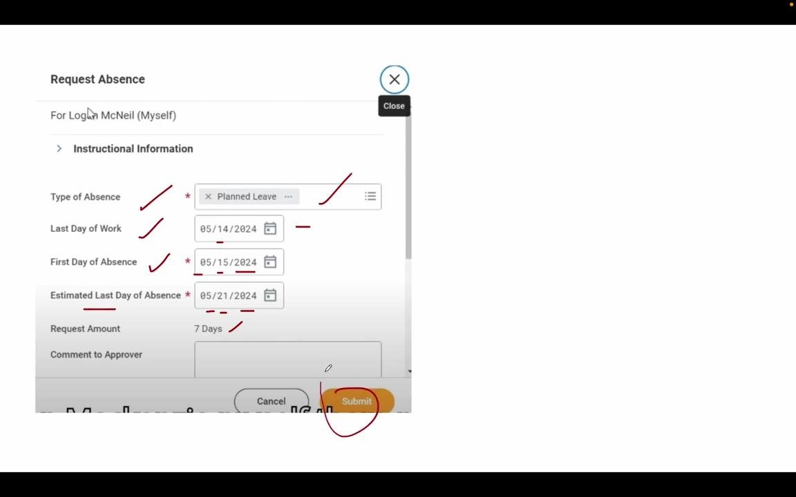 Submit button highlighted on the Request Absence form