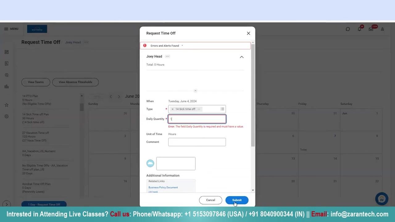 Submit button highlighted with all required fields completed for a sick time off request