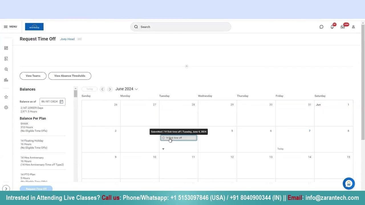 Calendar view showing a submitted sick time off entry with a confirmation message