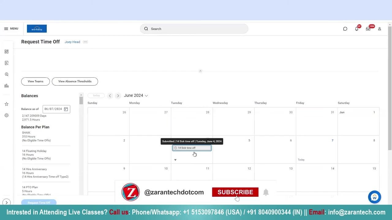 Calendar view with the time off request still showing as 'Submitted'