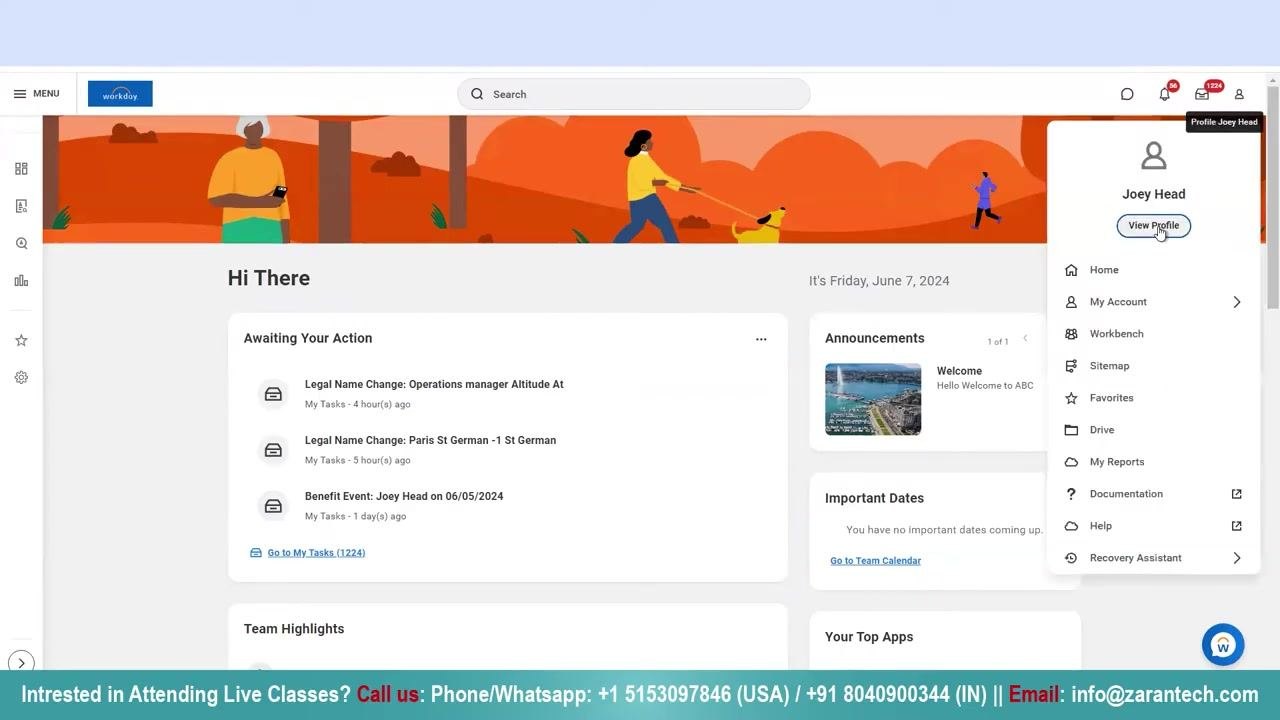 Profile dropdown menu open, with the cursor on 'View Profile' and the user name displayed