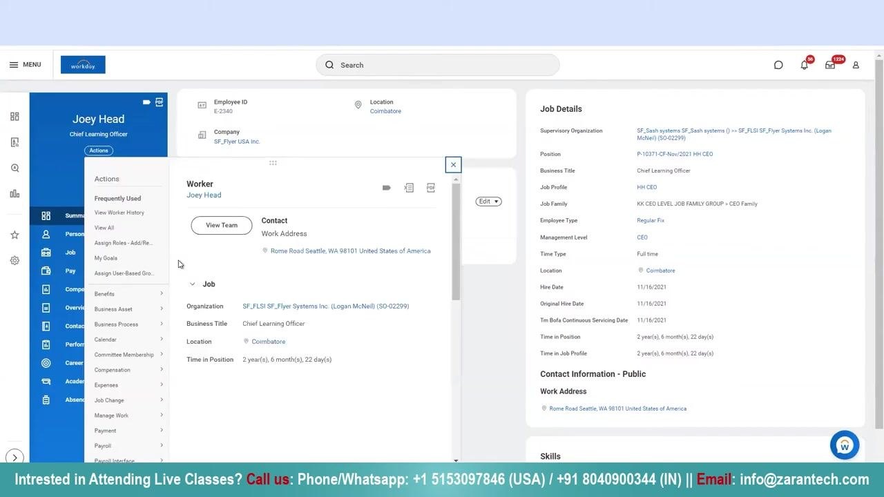 Profile page with the Actions menu open, showing options such as 'Benefits,' 'Compensation,' and 'Absence'