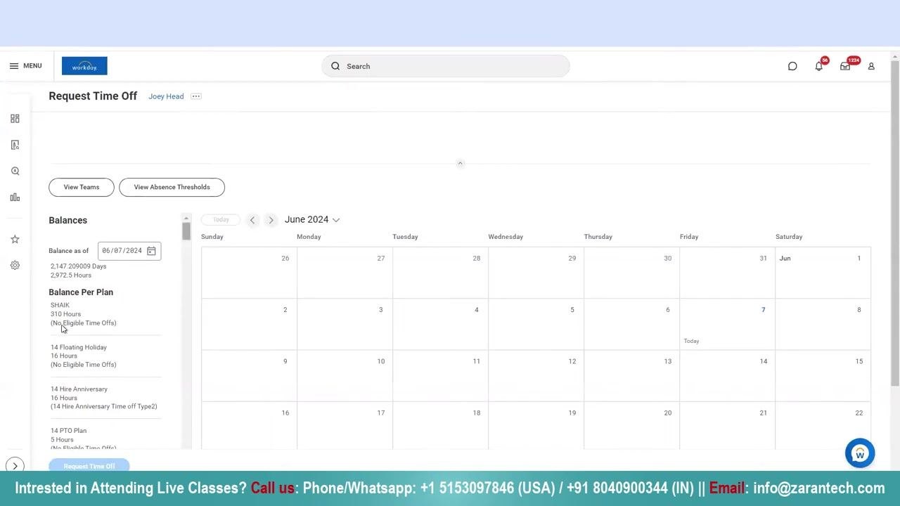 Balances section listing various time off plans and available hours, with the calendar visible on the right