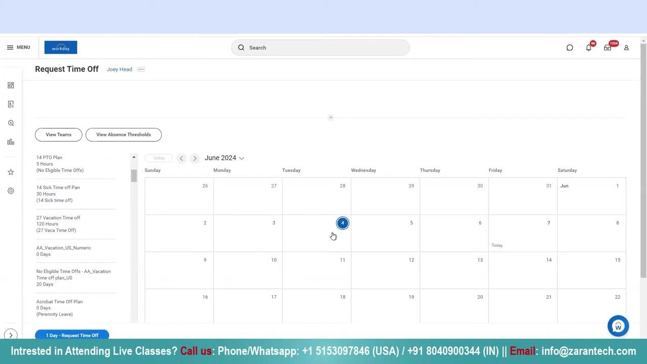 Calendar view with a specific date selected for a time off request