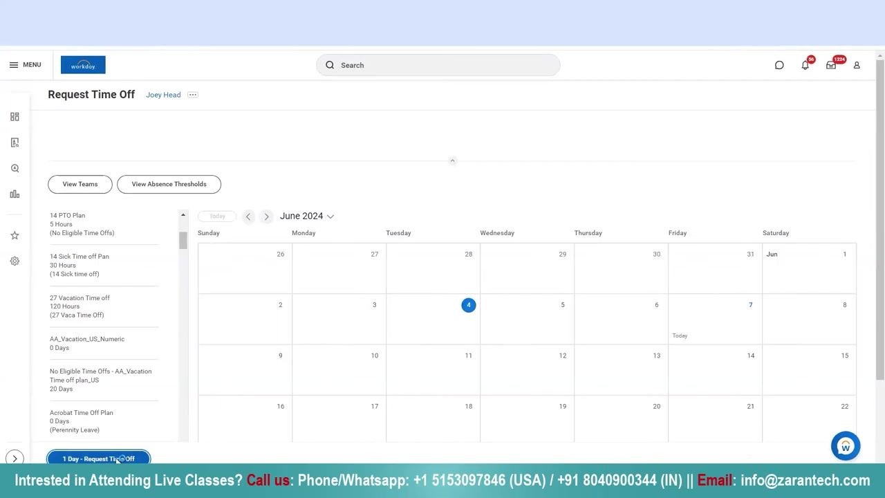Request Time Off pop-up window with fields for date, type, daily quantity, and comments