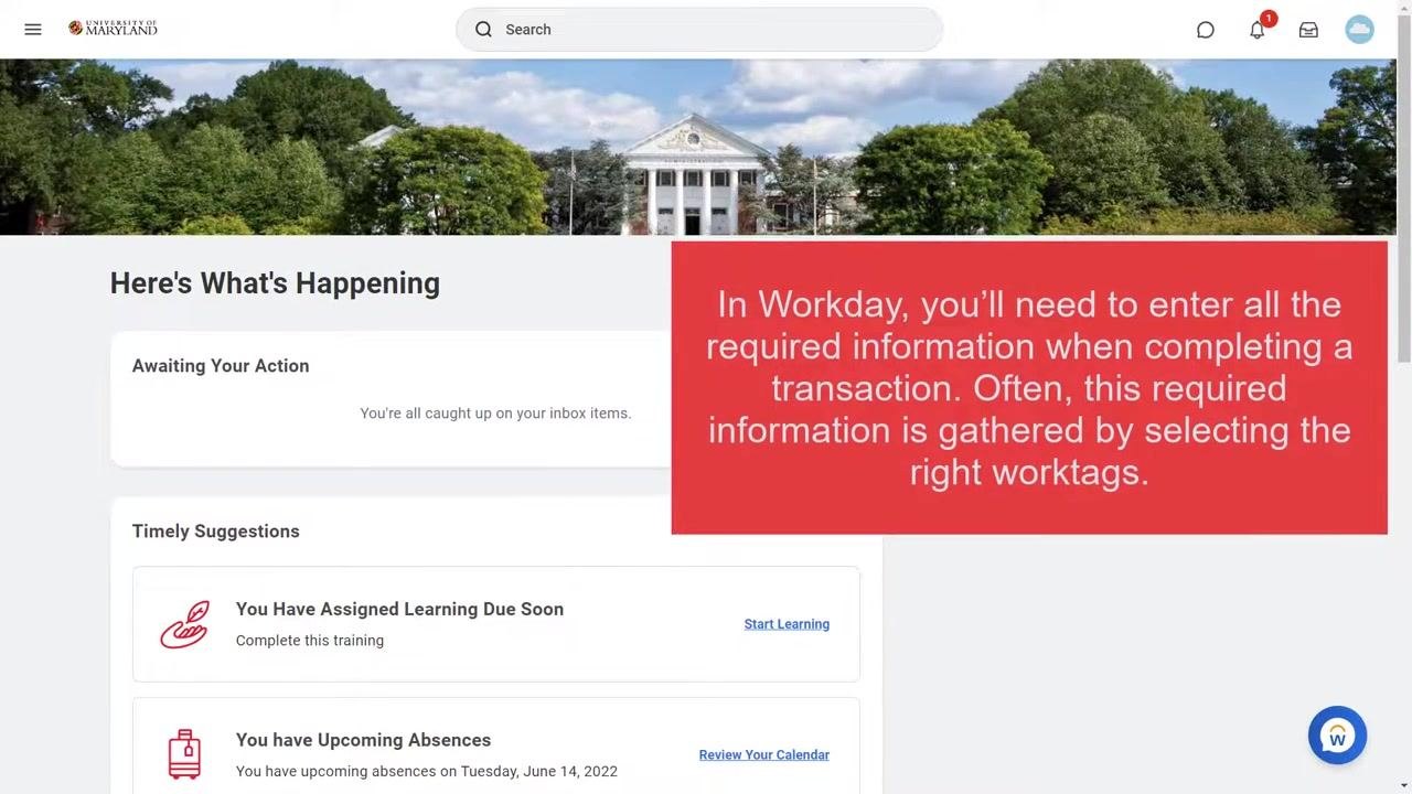 Workday homepage showing the dashboard, institutional branding, and navigation/search bar