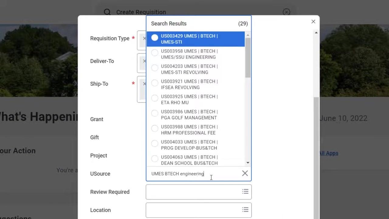 USource search box with additional keywords entered, showing a reduced list of worktag options