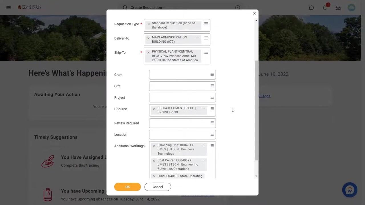 Additional Worktags section automatically populated with Balancing Unit, Cost Center, and Fund after selecting USource