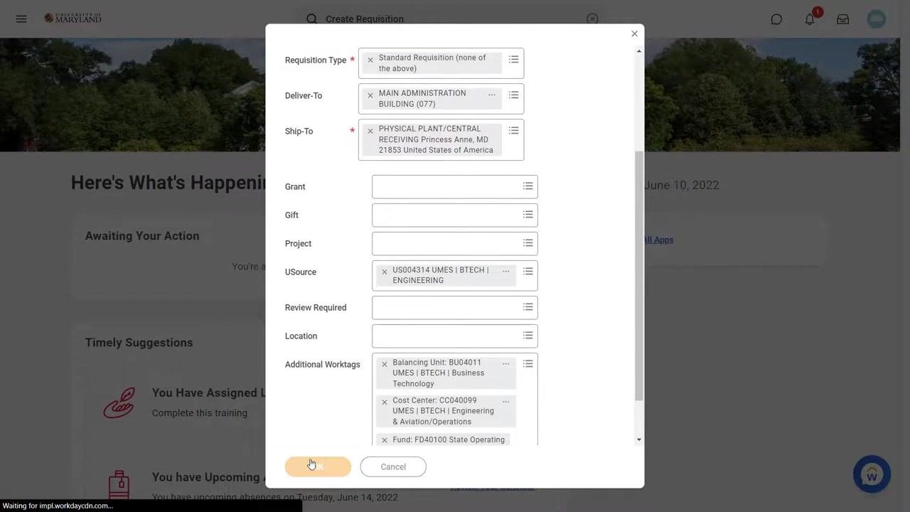 Create Requisition form with all fields completed and the OK and Cancel buttons visible