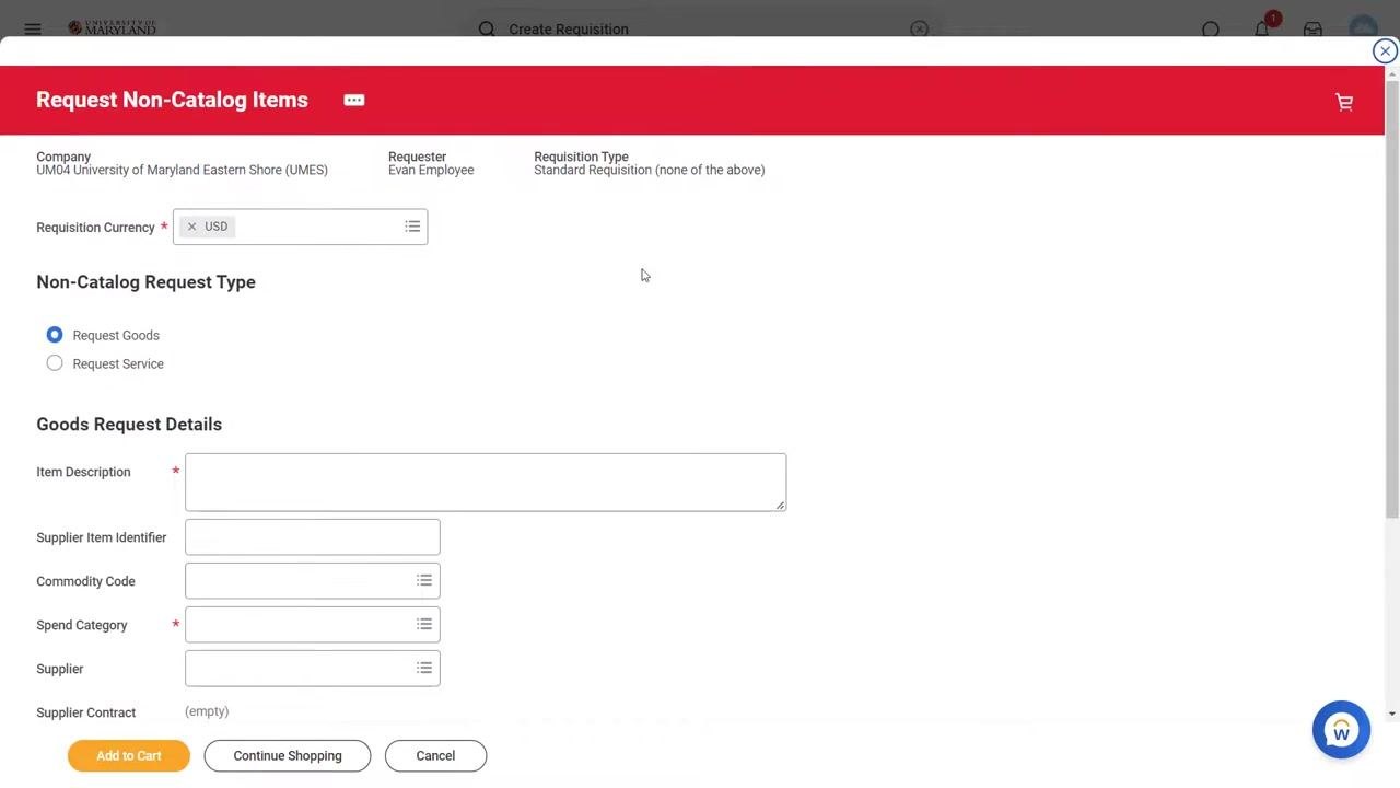 Request Non-Catalog Items form showing the Goods Request Details fields