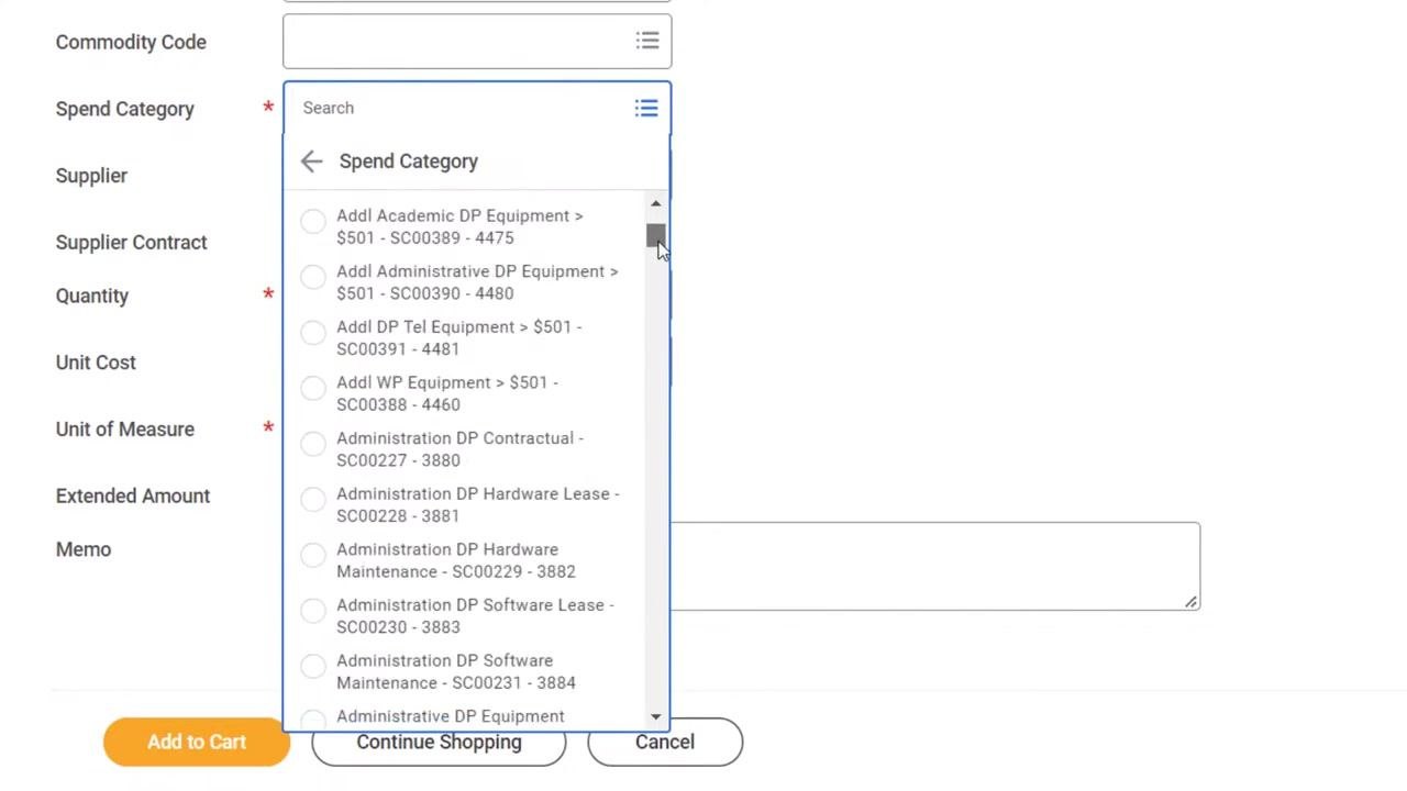 Spend Category dropdown showing multiple options and a search bar