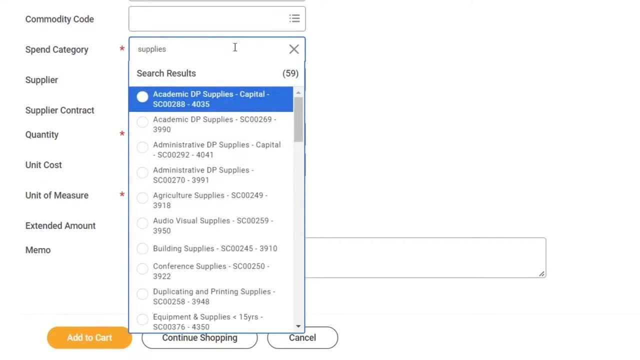 Spend Category dropdown with the appropriate category selected