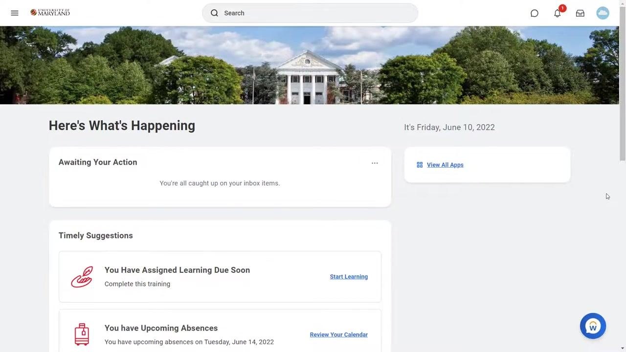 Workday homepage with the search bar ready for the "Create Requisition" task