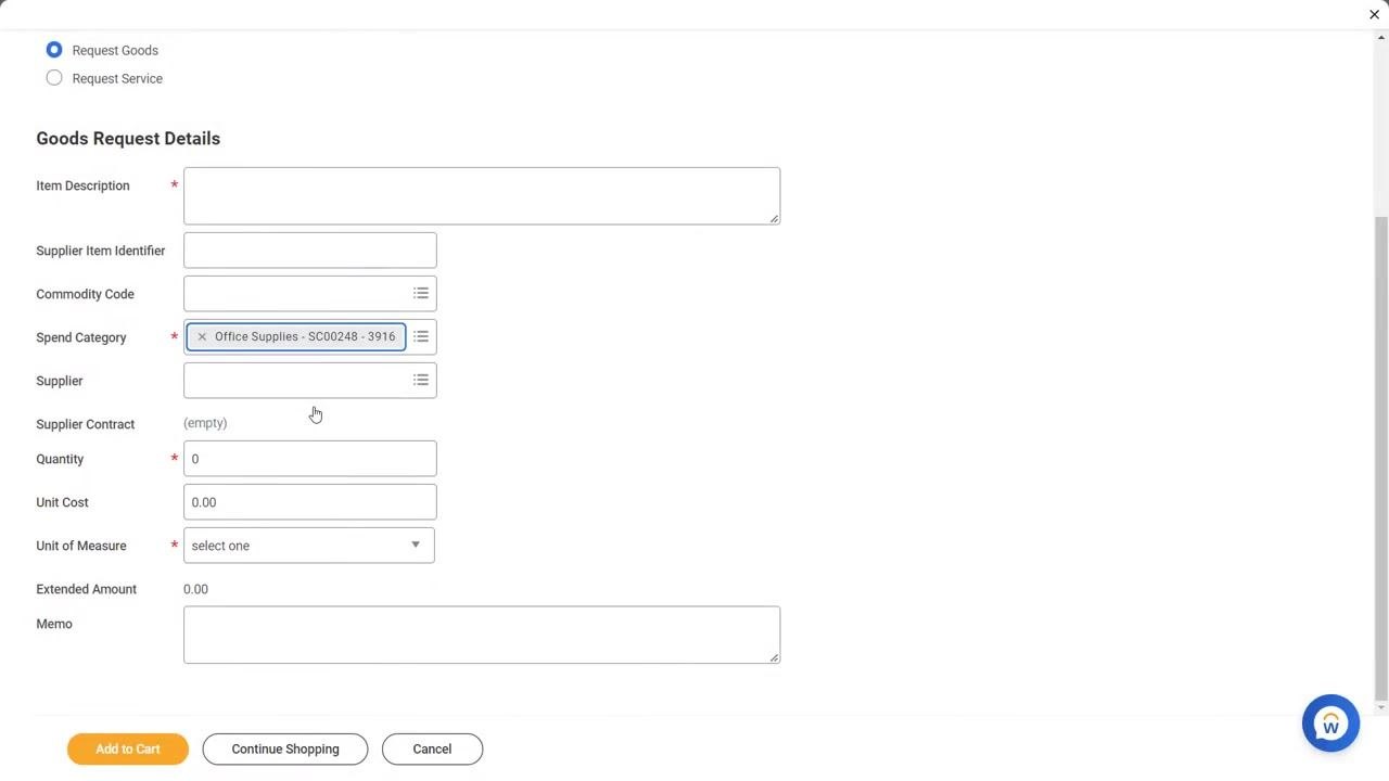 Goods Request Details form with the Add to Cart, Continue Shopping, and Cancel buttons visible