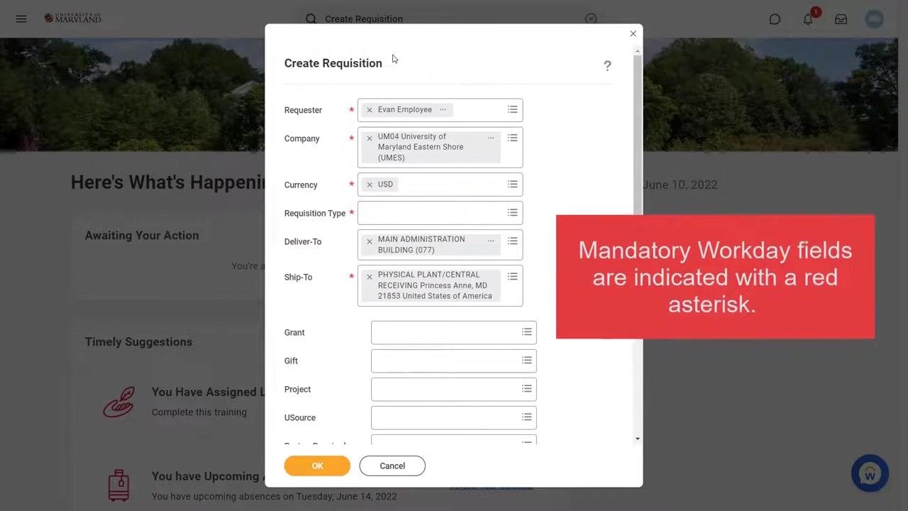 Create Requisition dialog with red asterisks marking mandatory fields