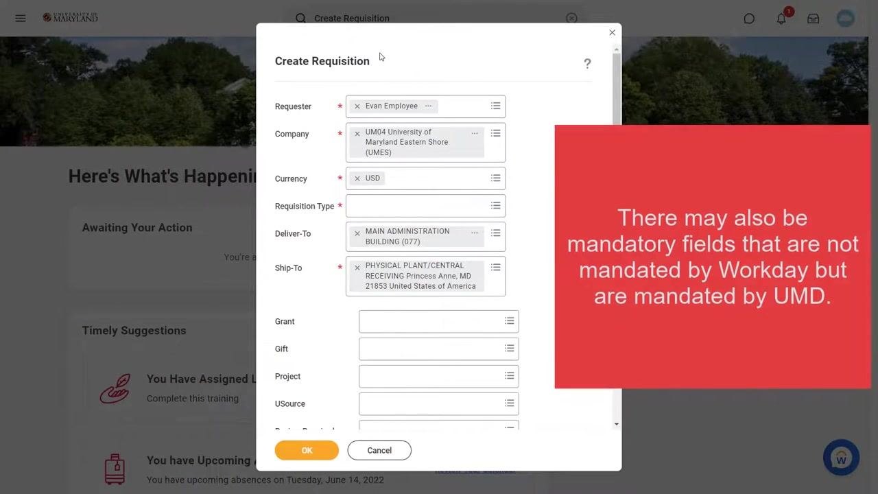 Create Requisition dialog with an overlay message about institution-mandated fields that are not marked by Workday