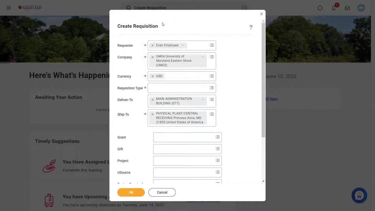 Create Requisition dialog with the Ship-To field populated and Requisition Type set to Standard Requisition