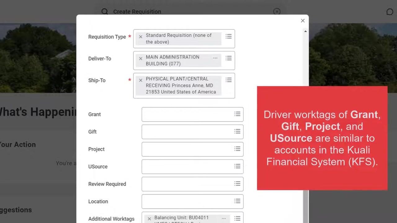 Create Requisition dialog with the Grant, Gift, Project, and USource fields empty and ready for entry