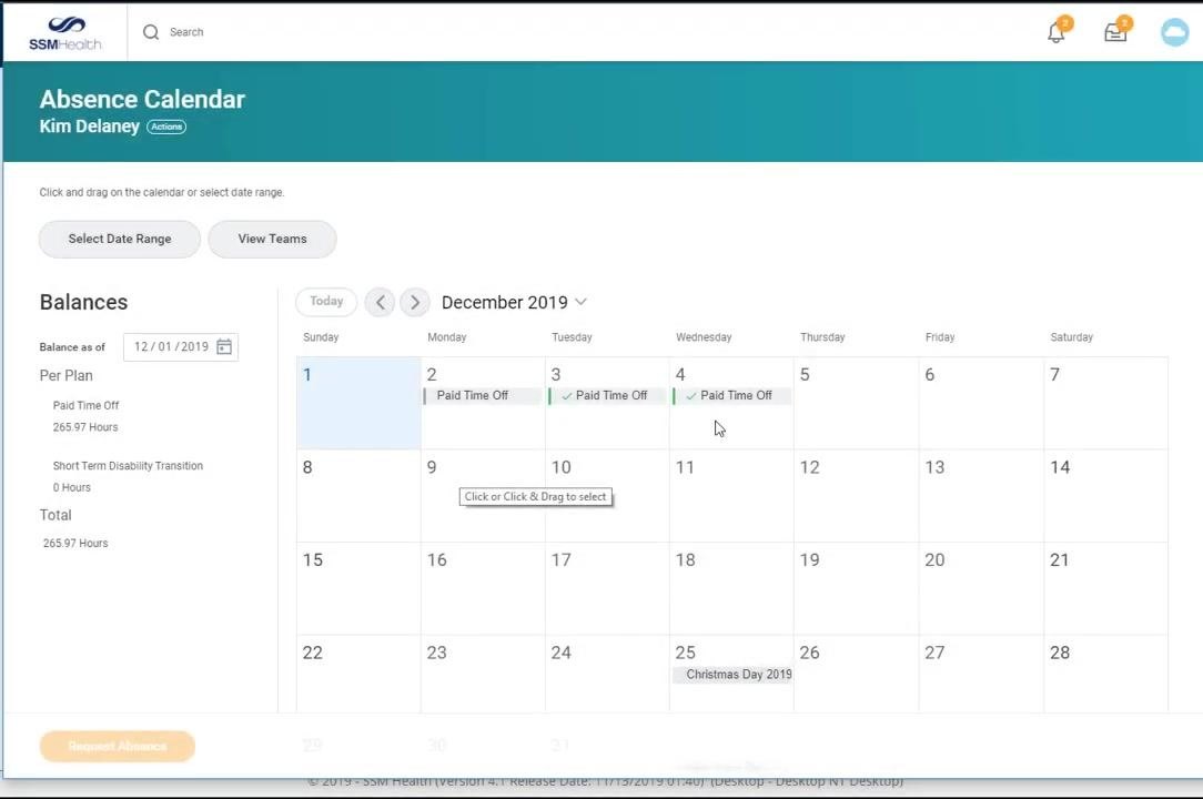 Absence Calendar screen showing Paid Time Off entries for multiple days in December 2019.