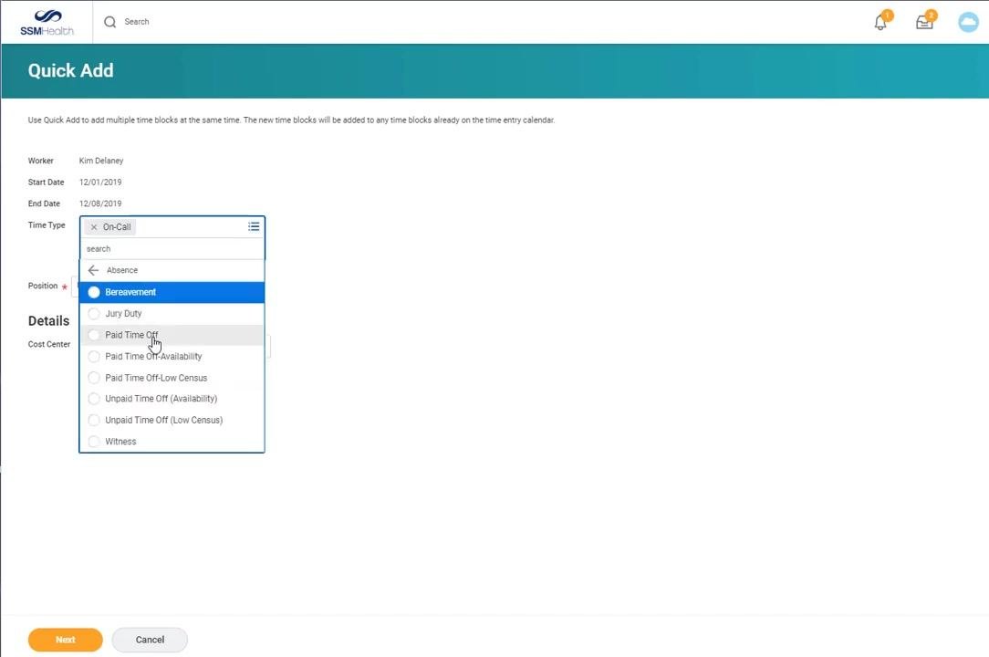 Enter My Time screen with the Enter Time dropdown open and the Quick Add option highlighted.