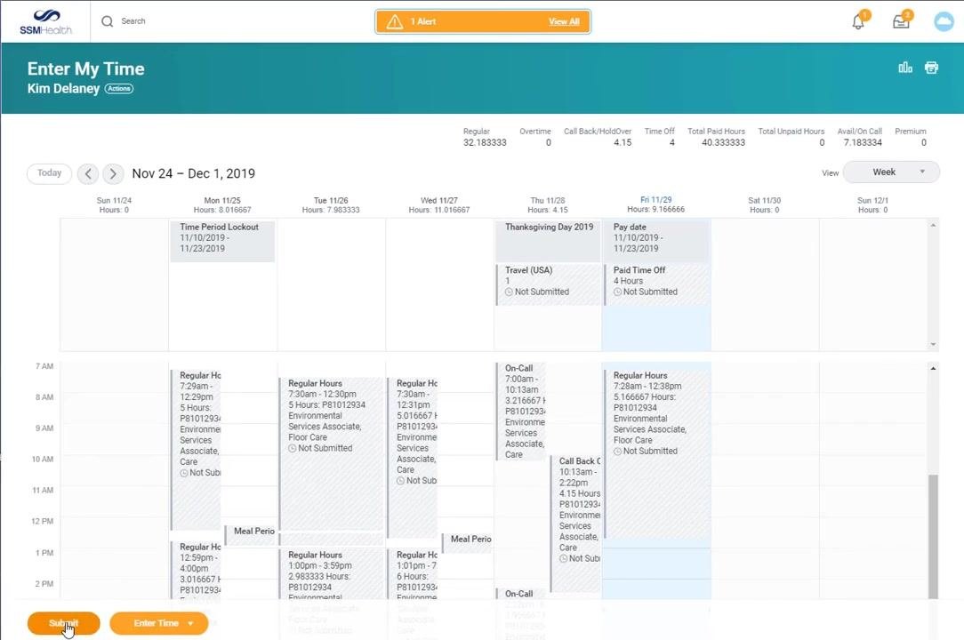 Enter My Time screen showing Paid Time Off entries for multiple days, each with 8 hours and Not Submitted status.