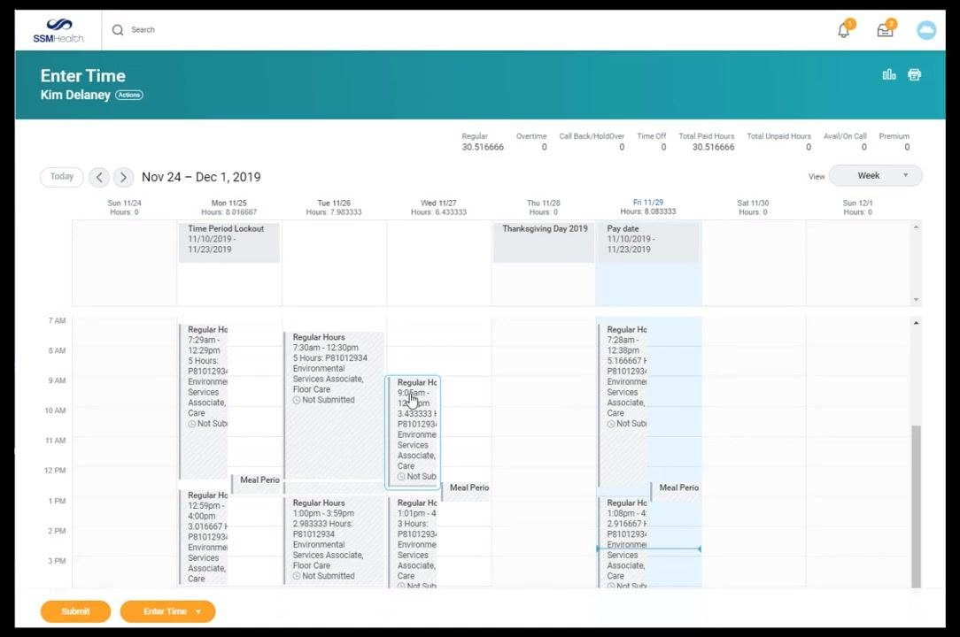 Pop-up window titled "Enter Time" for 11/19/2019, with editable fields for Time Type, In, Out, Out Reason, Hours, Position, Cost Center, and Comment, plus OK and Cancel buttons.