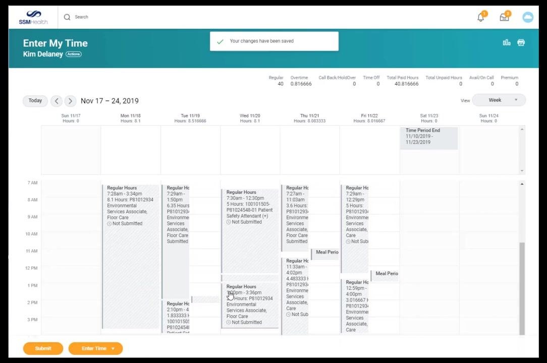 Enter Time pop-up for 11/19/2019 with the Position dropdown expanded, showing options including "P81012934 Environmental Services Associate, Floor Care" and "Patient Safety Attendant."