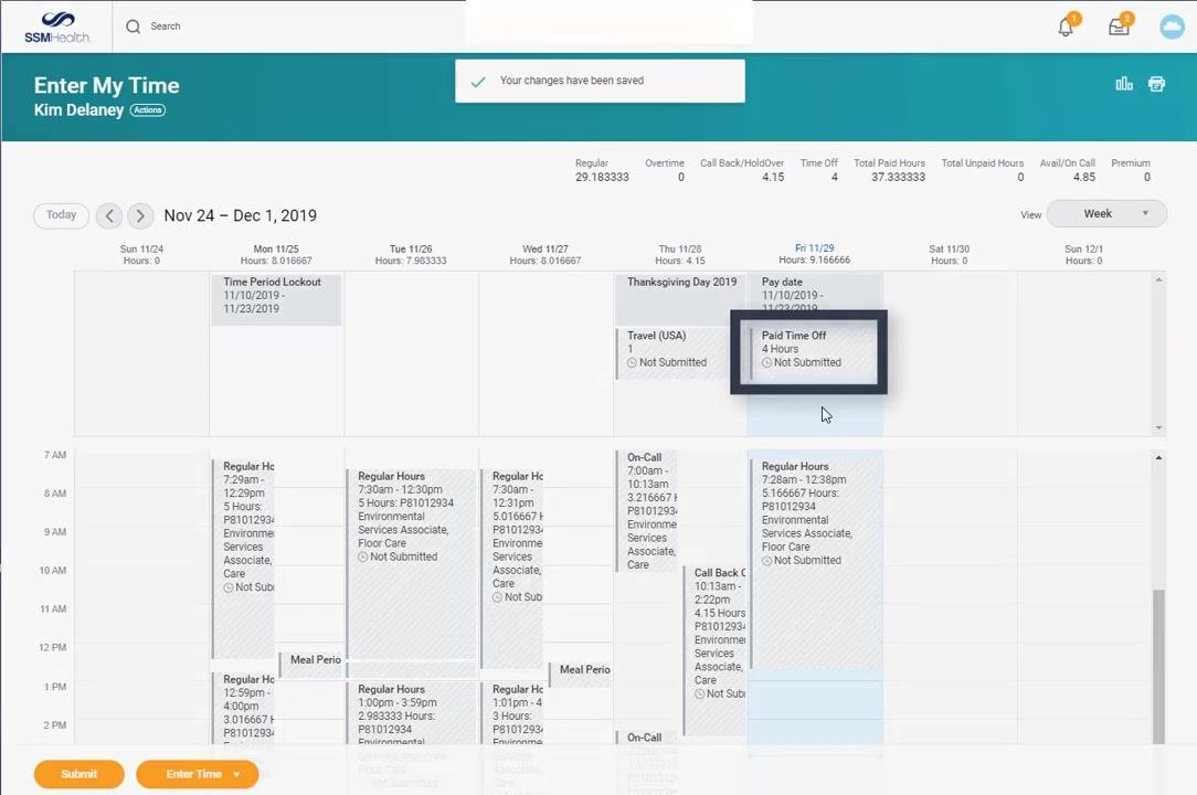 Enter My Time screen showing "Paid Time Off, 4 Hours, Not Submitted" on Fri 11/29, with a confirmation message at the top.