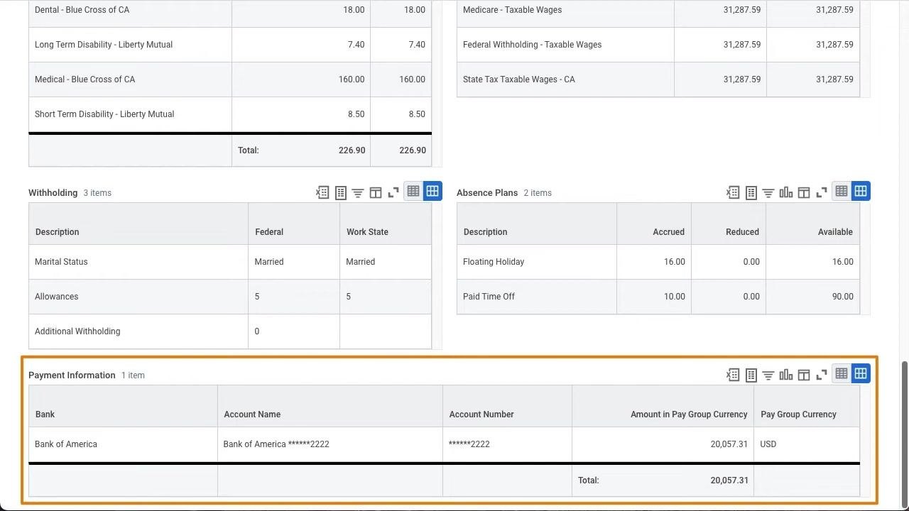Payslip details showing payment information, withholdings, and absence plans
