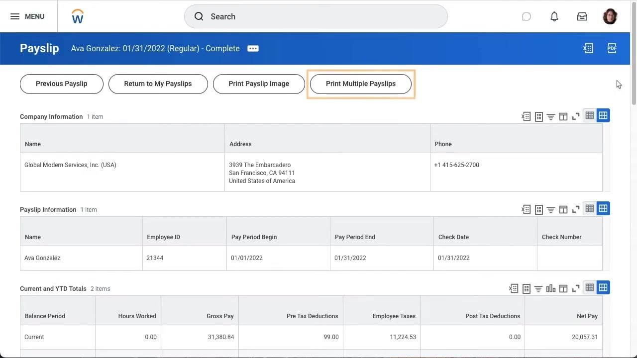 Payslip details page with "Print Multiple Payslips" button highlighted