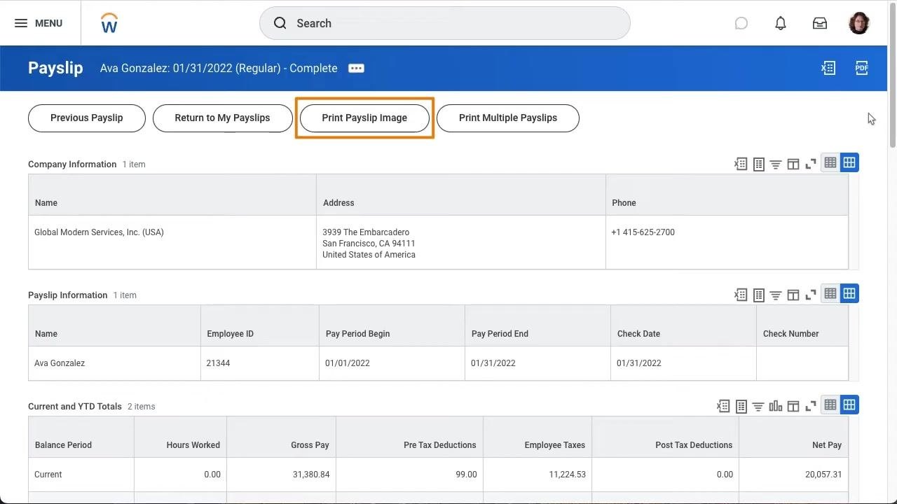 Payslip details page with "Print Payslip Image" button highlighted