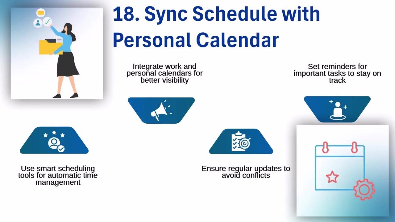 Screen showing "Sync Schedule with Personal Calendar" with icons for integration, reminders, smart scheduling tools, regular updates, and a calendar illustration with a gear and star