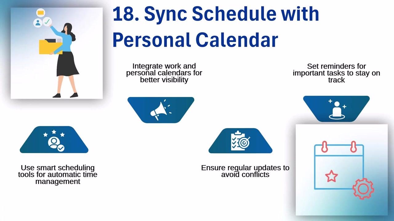 Screen showing "18. Sync Schedule with Personal Calendar" with icons for integration, reminders, smart tools, and regular updates