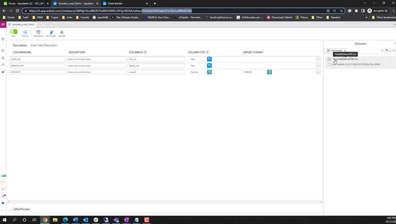 Workiva table editor showing YoutubeDemoFile.csv as a loaded dataset