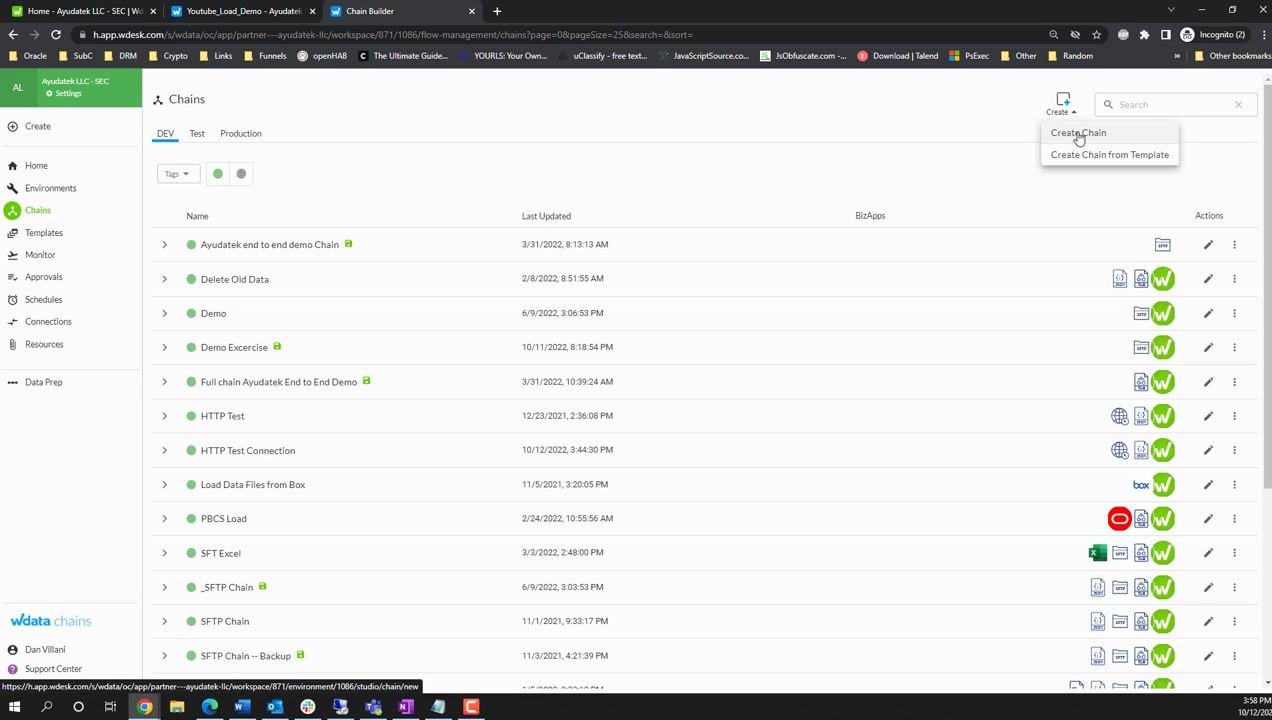 Cursor hovering over "Create" with a dropdown showing "Create Chain" and "Create Chain from Template"