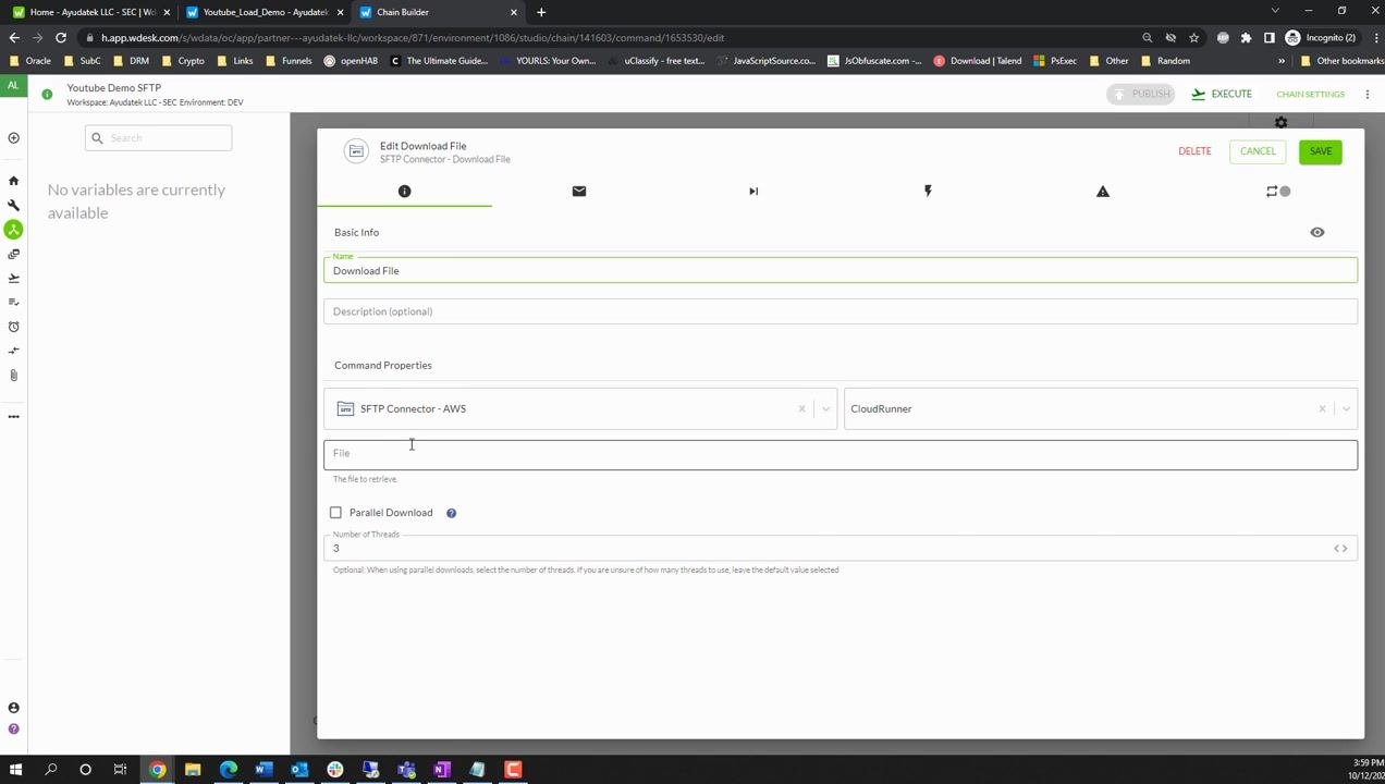 Edit Download File dialog with SFTP Connector selected and the file path field ready for input