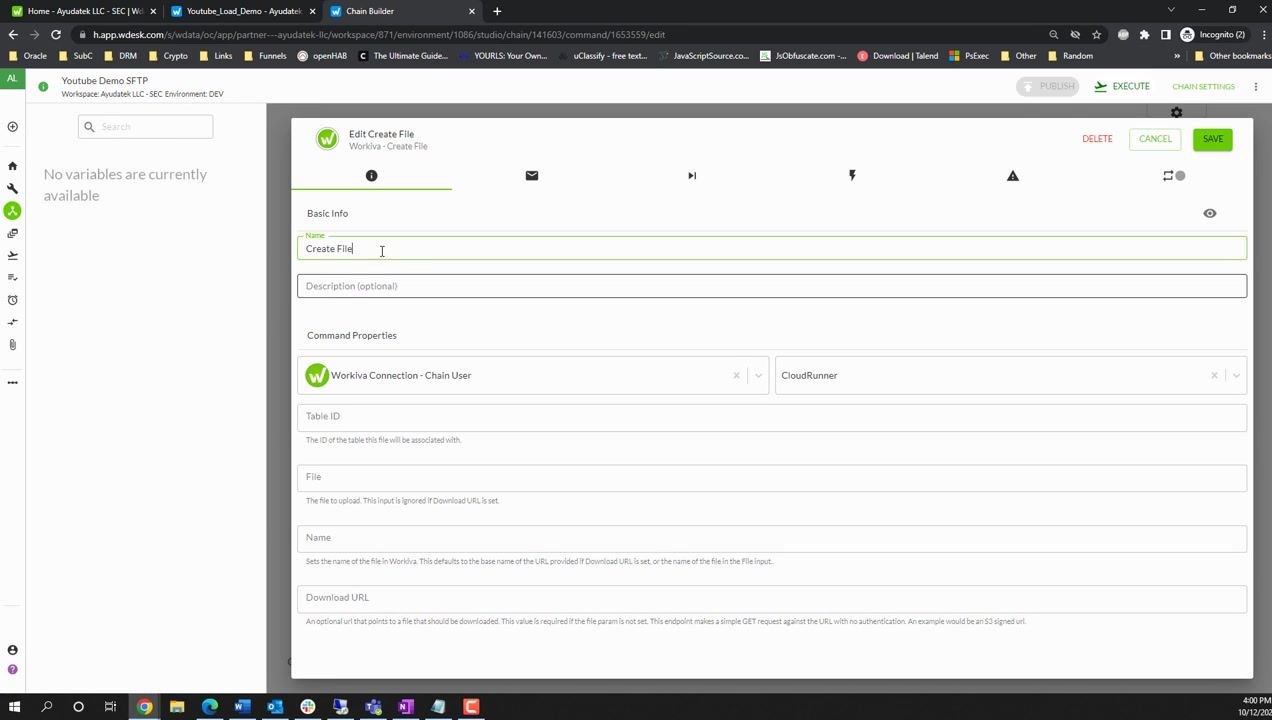 Chain editor showing the "Create File" node added after "Download File," with green link indicators