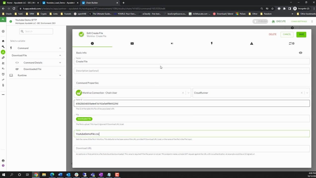 Edit Create File dialog with all fields filled in and the SAVE button highlighted