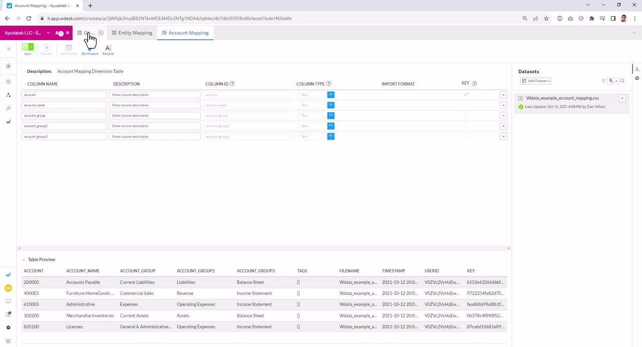 Fact table and dimension table structure with sample data previewed at the bottom of the screen