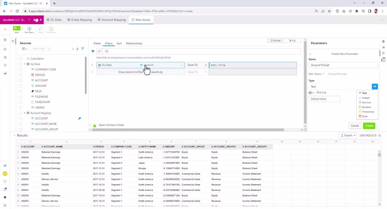 Parameter creation panel open, "Account Prompt" entered as Name, "Text" selected as Type, cursor over type dropdown
