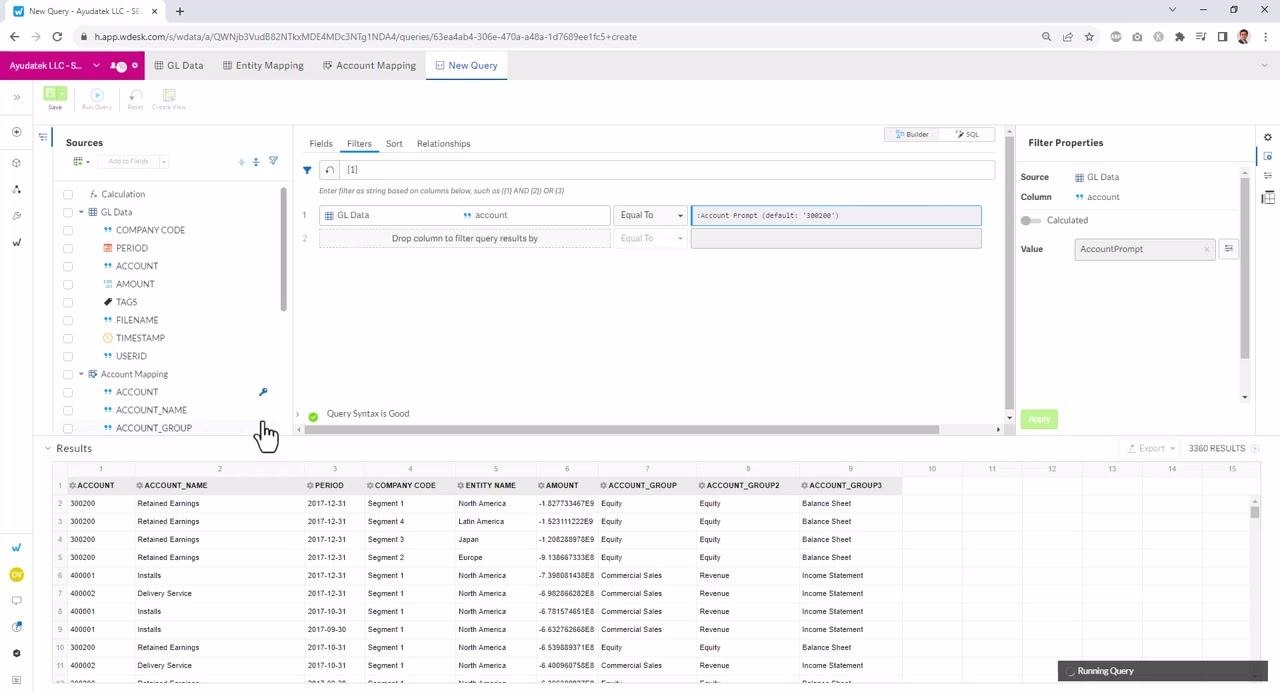 Filter set to "account Equal To :Account Prompt (default: '300200')", results filtered to account 300200
