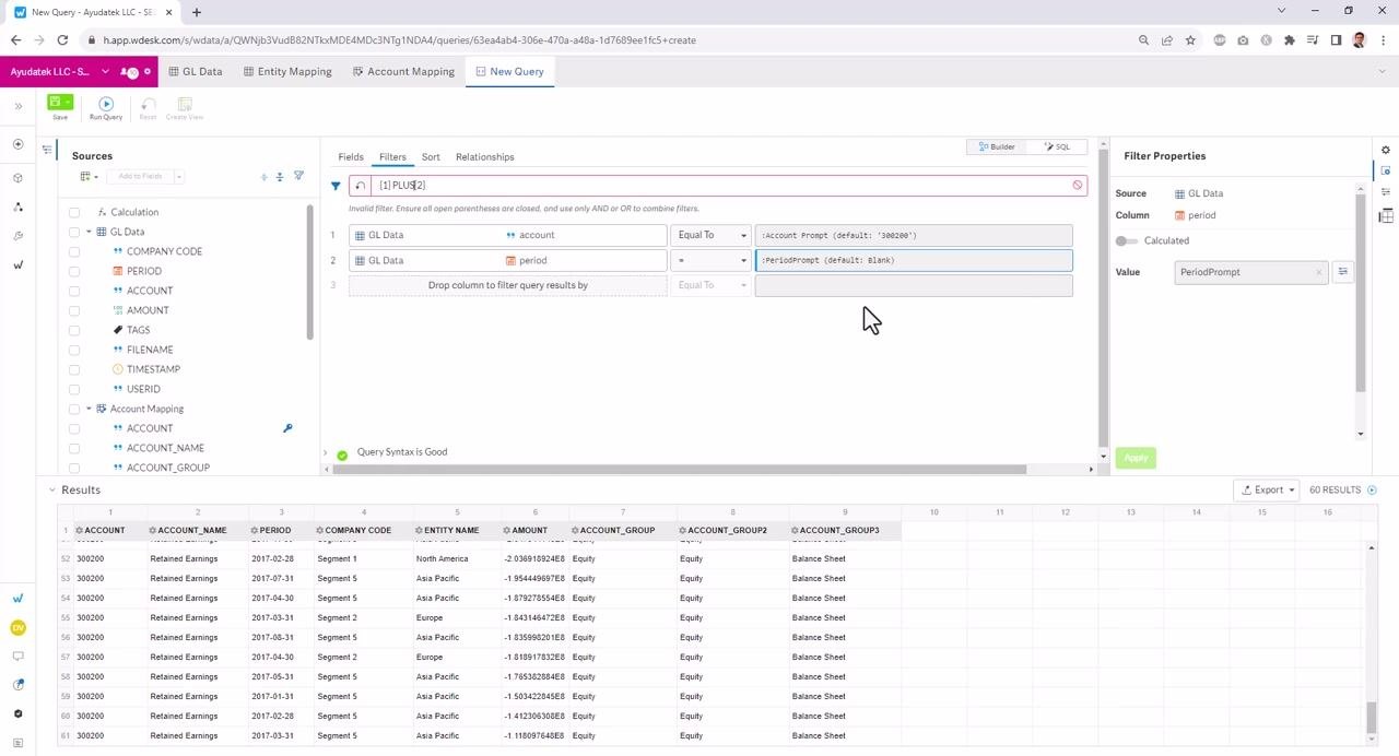 Invalid filter logic "(1) PLUS (2)", error message in red, filters for account and period using parameters