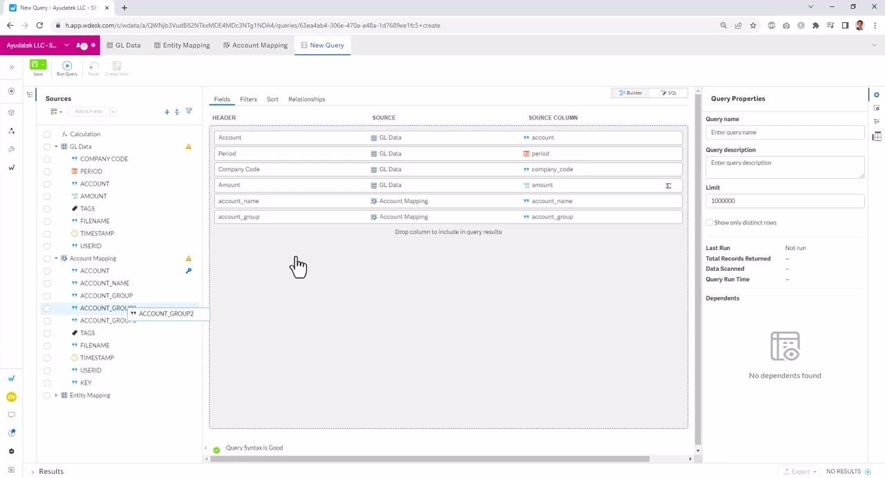 Fields from multiple tables being dragged into the query builder area, showing Account, Period, Company Code, Amount, Account Name, and Account Group