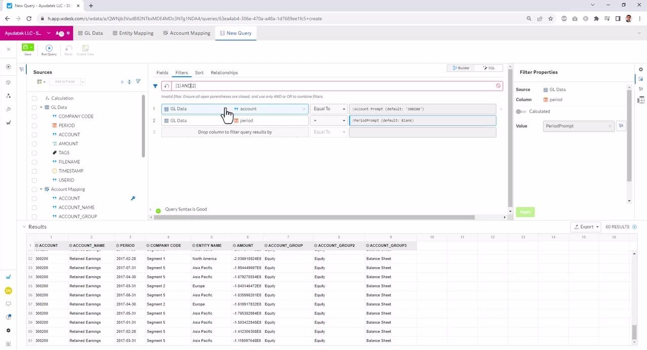 Filter logic corrected to "(1) AND (2)", error message gone, filters using parameters