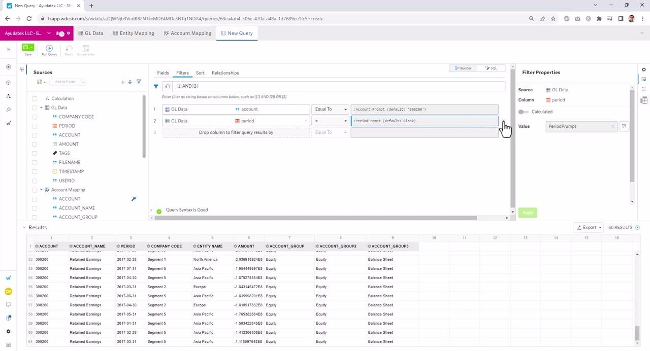 Only account filter remains, period filter removed, filter logic updated, query syntax good